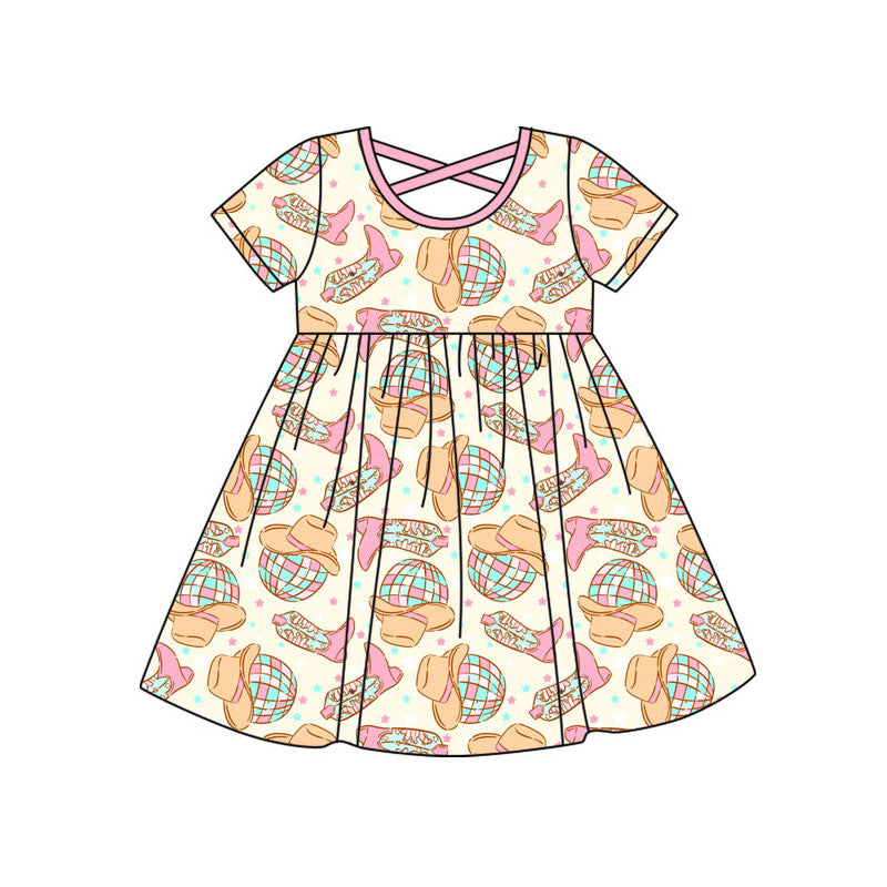 Preorder(moq 5) Baby Girls Pink Howdy Hats Boots Western Knee Length Dresses