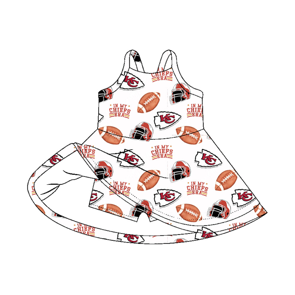 Preorder (moq 5)Baby Girls Strap Footballs KC Team Shorts Knee Length Dresses
