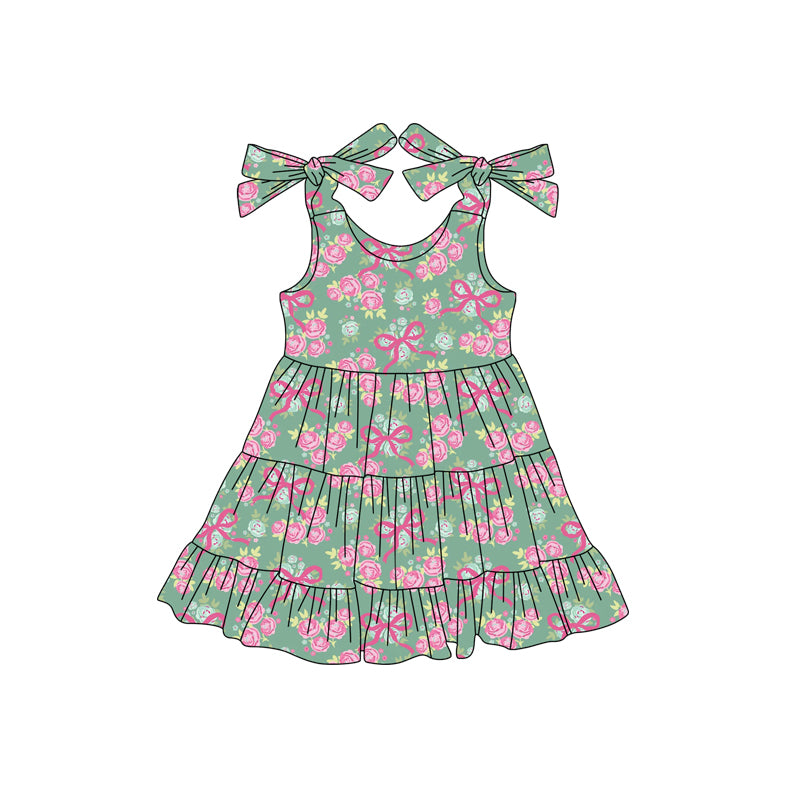 Preorder (moq 5)Baby Girls Green Strap Bows Flowers Ruffle Knee Length Dresses