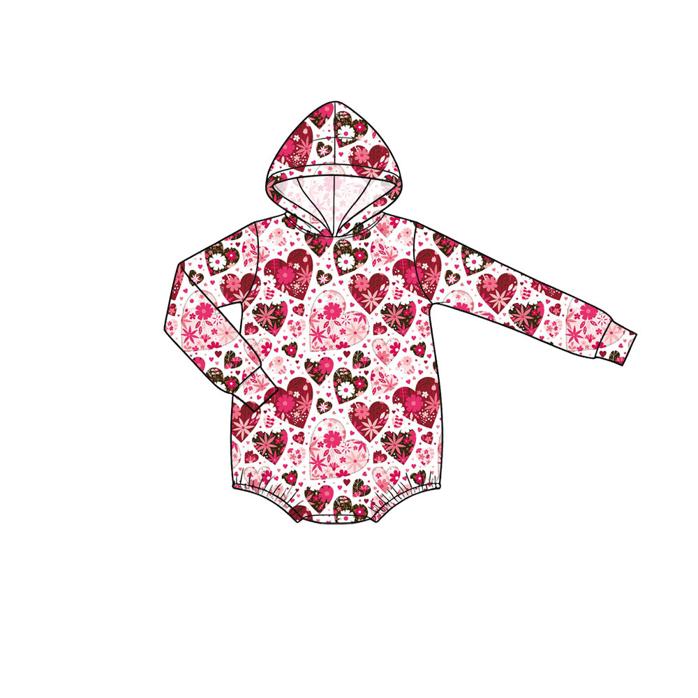 Preorder moq 5 Baby Girls’ Fall Valentine’s Day Red Heart Long-Sleeve Hooded Romper