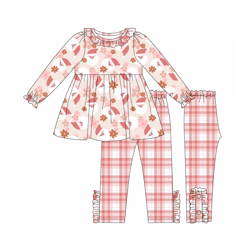 Preorder (moq 5)Baby Girls Long Ruffle Sleeves Peach Flowers Santa Tunic Legging Pant Set