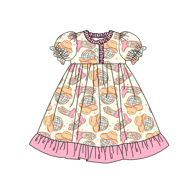 Preorder(moq 5) Baby Girls Pink Howdy Hats Boots Button Western Ruffle Knee Length Dresses