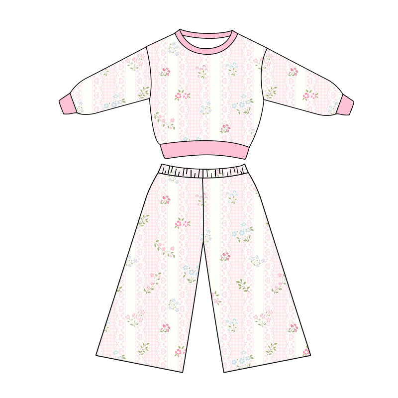 Preorder(moq 5) Baby Girls Long Sleeve Hearts Flowers Stripe Top Flare Pants Clothes Sets