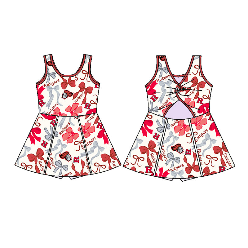 Preorder (moq 5)Baby Girls Red Sleeveless Rutgers Bows Short Team Knee Length Dresses