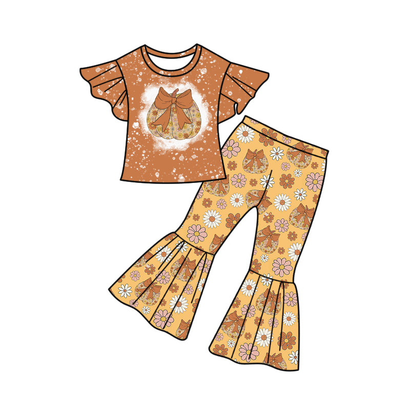 Preorder (moq 5)Baby Girls Brown Flutter Sleeves Bow Pumpkins Top Bell Bottom Pants Sets
