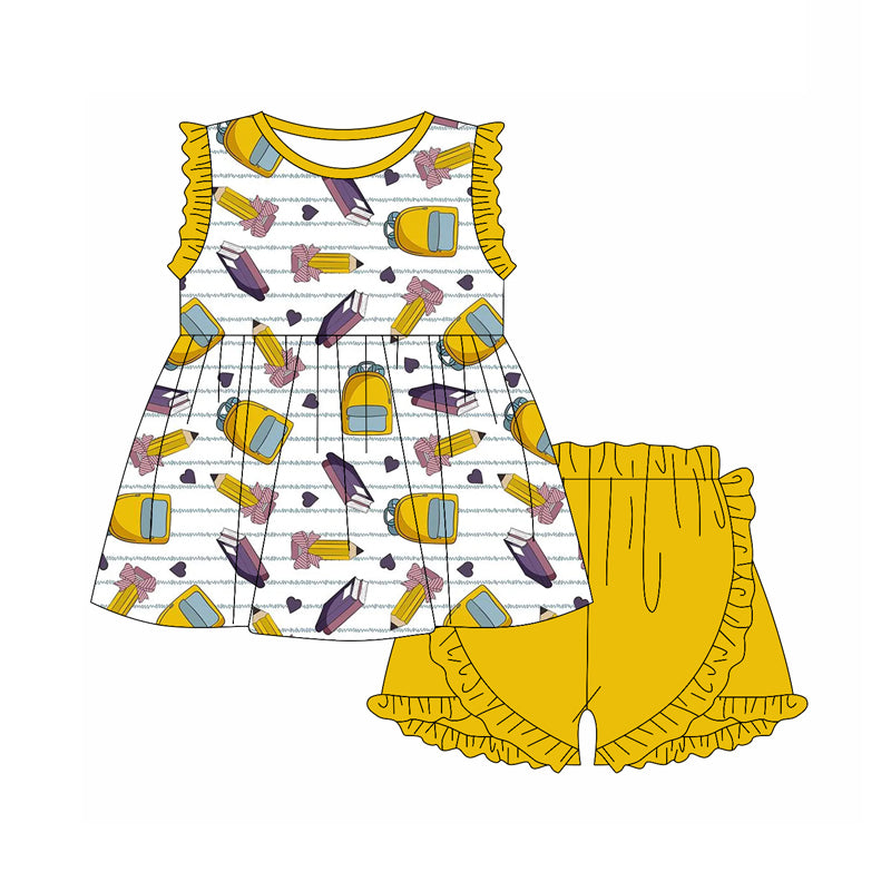 Preorder (moq 5)Baby Girls Back To School Pencils Tunic Top Shorts Clothes Sets