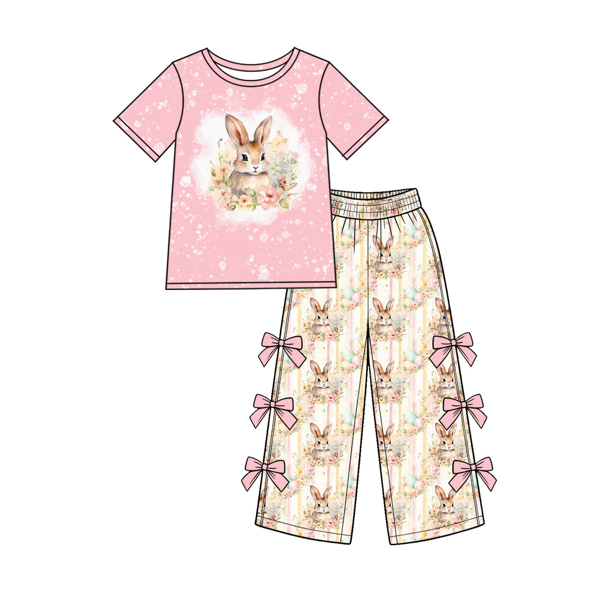 Preorder (moq 5) Baby Girl Clothes Easter Bunny Floral Stripe Mixed Print Short Sleeve Side Bow Flare Pant Set