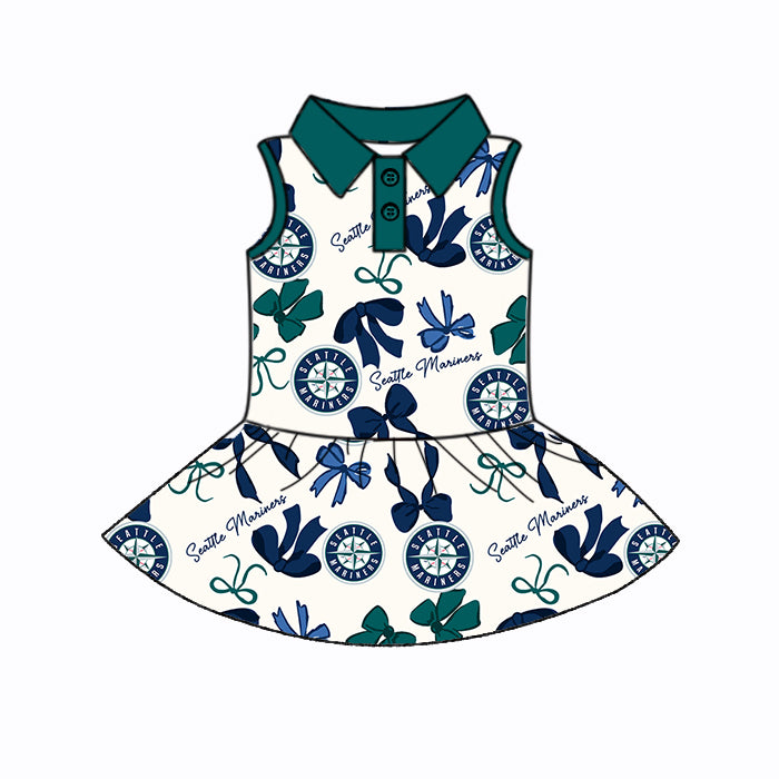 Preorder (moq 5)Baby Girls Green Sleeveless Bows Plaid Seattle Mariners Button Team Knee Length Dresses