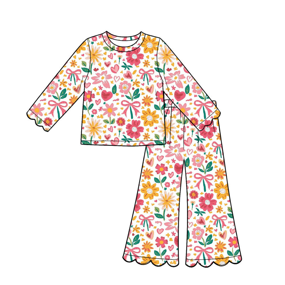 Preorder (moq 5) Baby Girl Clothes Colorful Floral Heart Bow Print Long Sleeve Top Scalloped Flare Pants Set