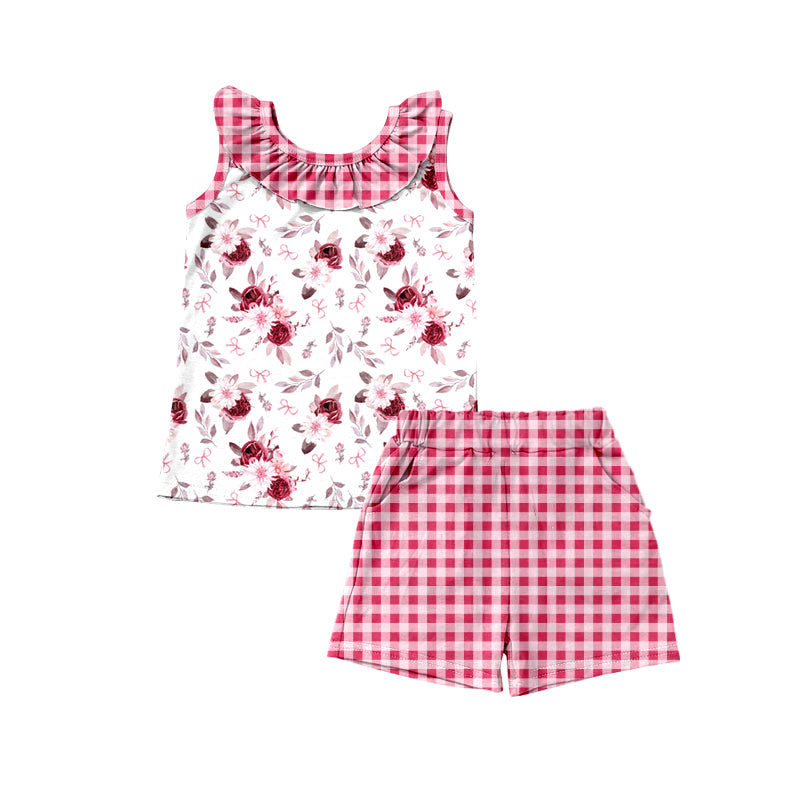 Preorder (moq 5)Baby Girls Red Flowers Tops Checkered Shorts Clothes Sets