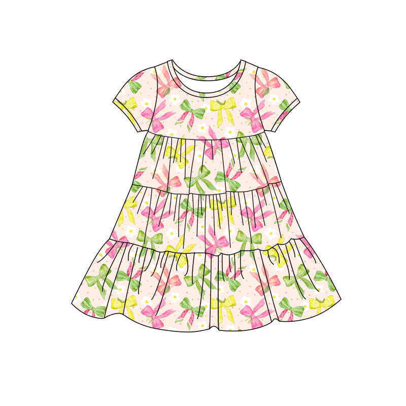 Preorder(moq 5) Baby Girls Colorful Bows Patchwork Ruffle Knee Length Dresses