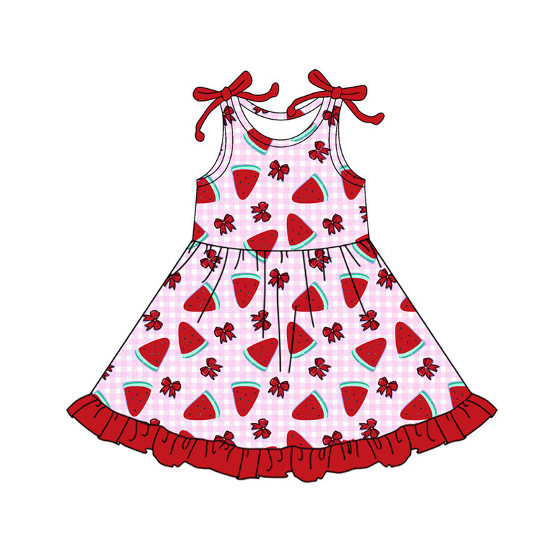 Baby Girls Pink Checked Bows Strawberry Ruffle Knee Length Dresses Preorder