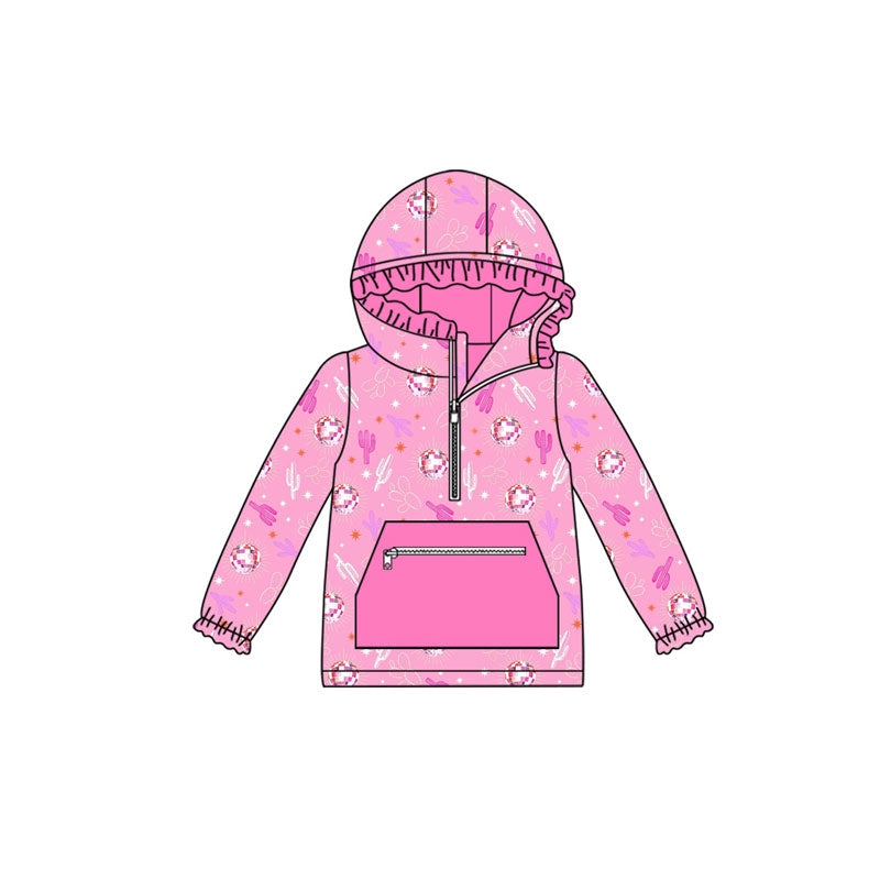 Preorder (moq 5)Baby Girls Pink Cactus Pocket Zipper Western Ruffle Hoodies Top