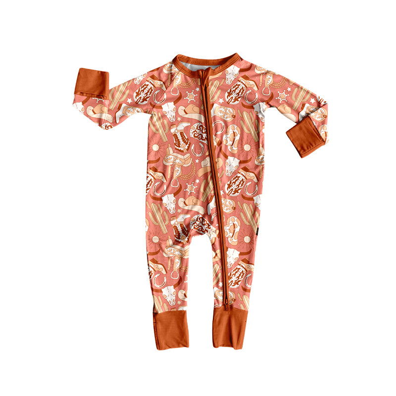 Preorder(moq 5)Baby Boys Western Boots Cactus Cow Zipper Footie Rompers