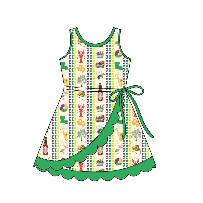 Preorder (moq 5) Girls’ Green Sleeveless Food-Themed Round-Neck Ruffle Dress | Festive Kids’ Party Dress Set