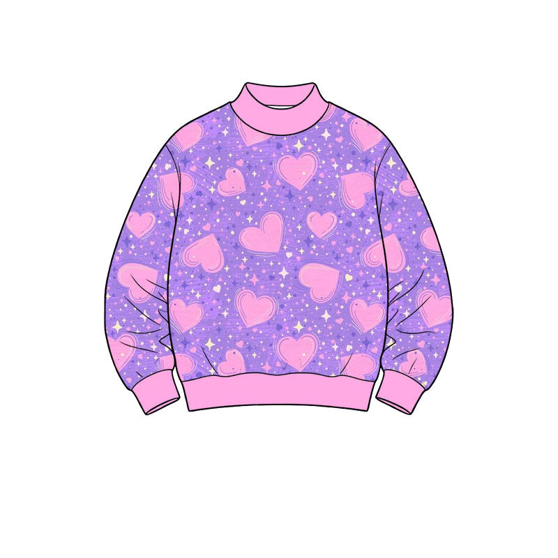 Preorder (moq 5) Baby Girl Clothes Purple Star Pink Heart Print Long Sleeve Mock Neck Sweatshirt