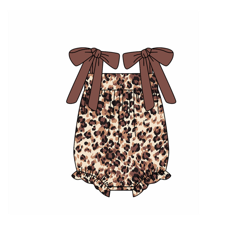 Preorder(moq 5)Baby Infant Girls Dark Brown Bows Strap Leopard Summer Rompers