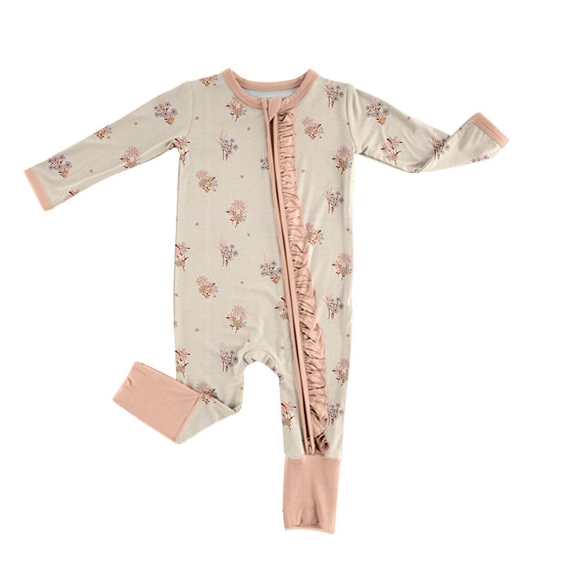 Preorder (moq 5) Baby Girl Clothes Vintage Pastel Floral Allover Print Long Sleeve Zip Ruffle Romper