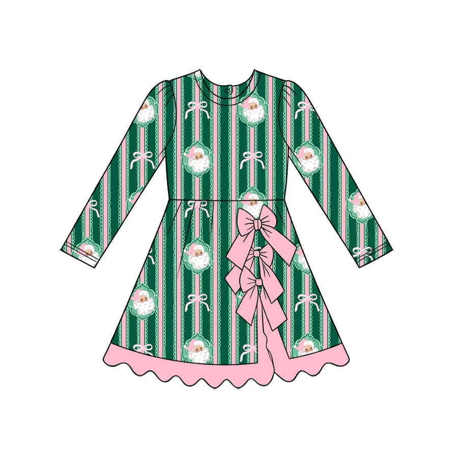 Preorder (moq 5) Baby Girl Clothes Christmas Santa Stripe Bow Mixed Print Long Sleeve A Line Dress