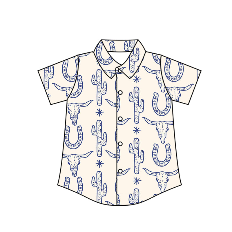 Preorder moq 10 Baby Boys Short Sleeves Blue Bull Skull Cactus Button Shirts Top