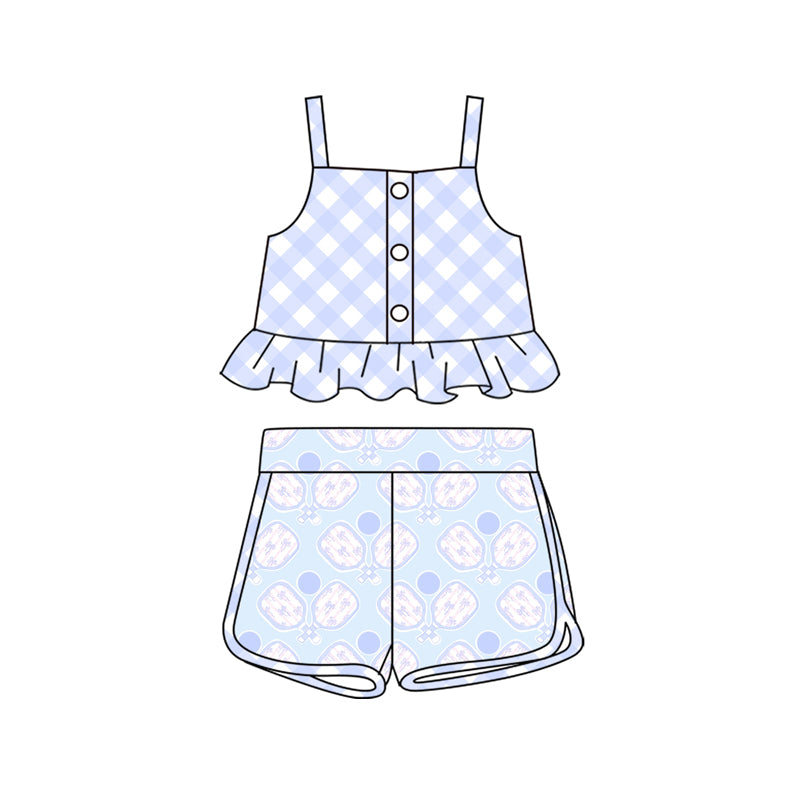 Preorder (moq 5)Baby Girls Blue Checkered Straps Top Tennise Shorts Clothes Sets