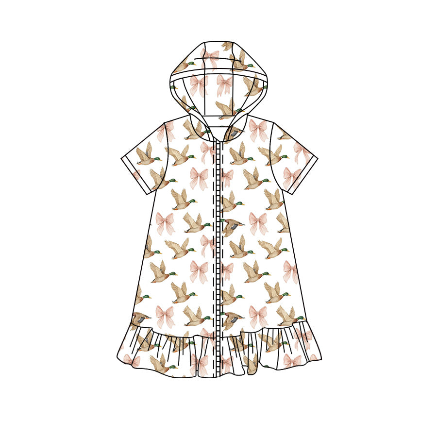 Preorder moq 5 Baby Girls Short Sleeve Pink Bows Ducks Fall Zip Ruffle Knee Length Dresses