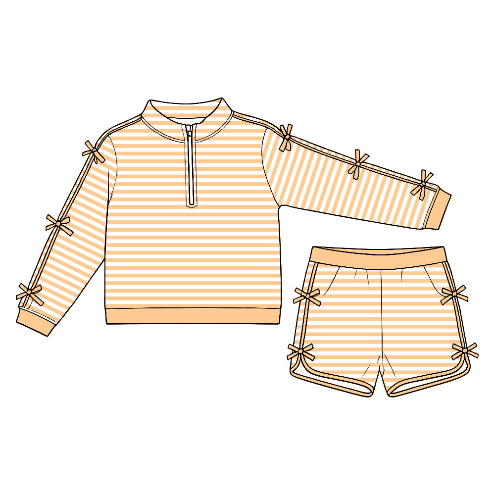 Preorder (moq5) Baby Girls Orange Stripe Bows Zip Pullover Pockets Short Clothes Set