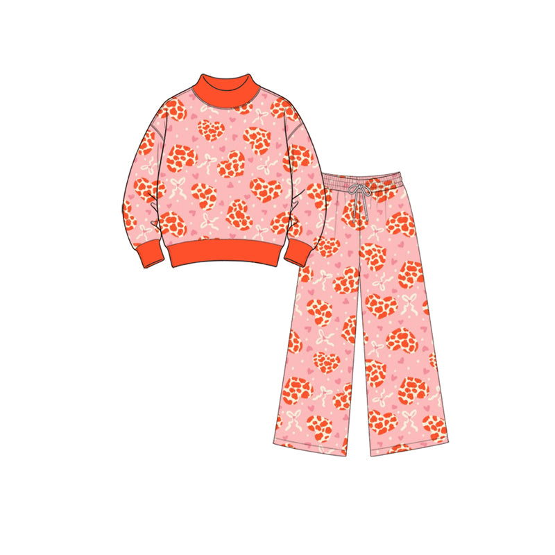 Preorder (moq5) Girls’ Orange Heart & Bow Print Corduroy 2-Piece Set, Mock Neck Long-Sleeve Top with Wide-Leg Pants, Fall Outfit