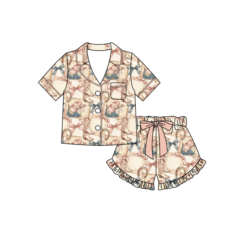Preorder (moq 5)Baby Girls Bows Boots Button Pocket Top Ruffle Shorts Western Pajamas Sets