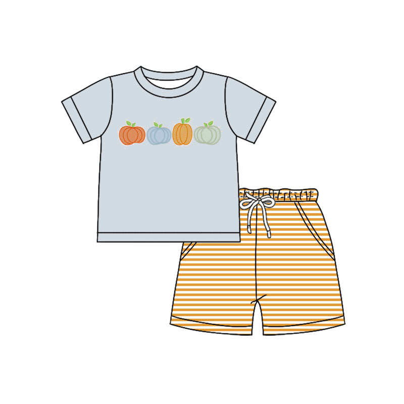 Preorder (moq 5)Baby Boys Blue Short Sleeves Pumpkins Top Orange Stripe Pockets Shorts Set