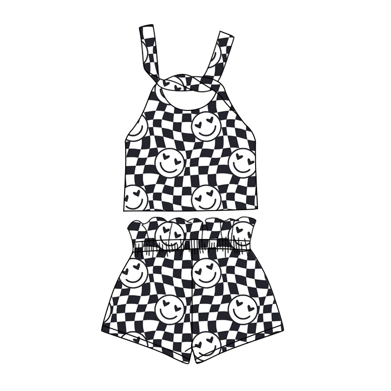 Preorder (moq 5)Baby Girls Black Checkered Smile Straps Top Shorts Clothes Sets
