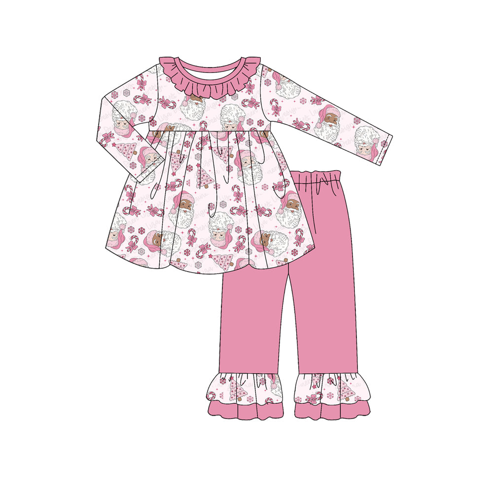 Preorder (moq 5)Baby Girls Long Sleeves Pink Santa Candy Cane Trees Tunic Ruffle Pant Sets