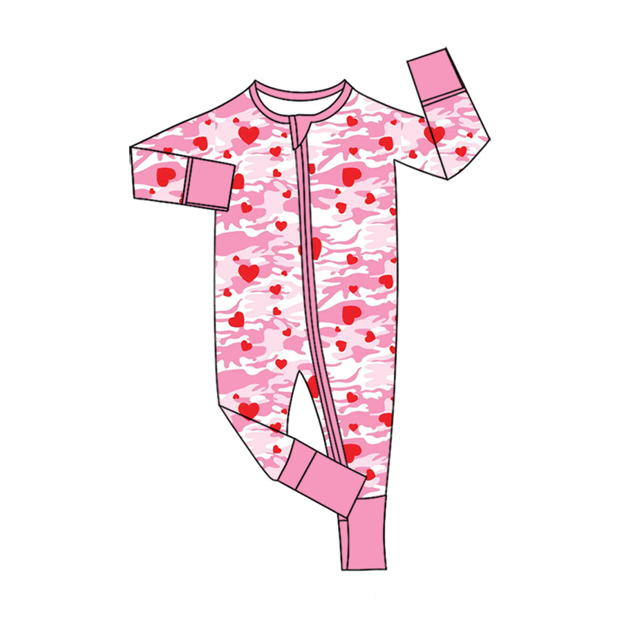 Preorder (moq 5) Baby Girls Pink Camo Hearts Valentines Two Way Zip Convertible Rompers