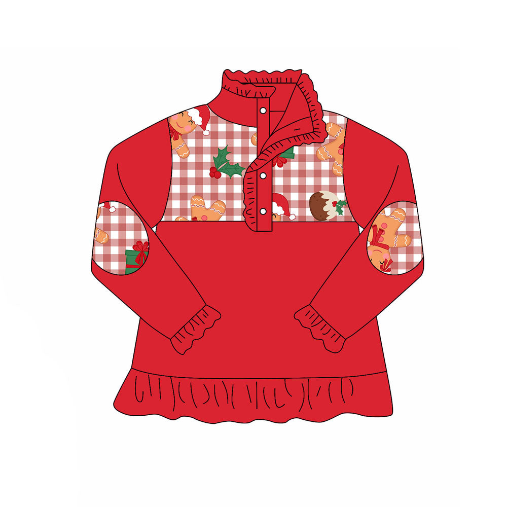 Preorder (moq 5)Baby Girls Red Long Ruffle Sleeve Gingerbread Christmas Button Polo Shirts Top