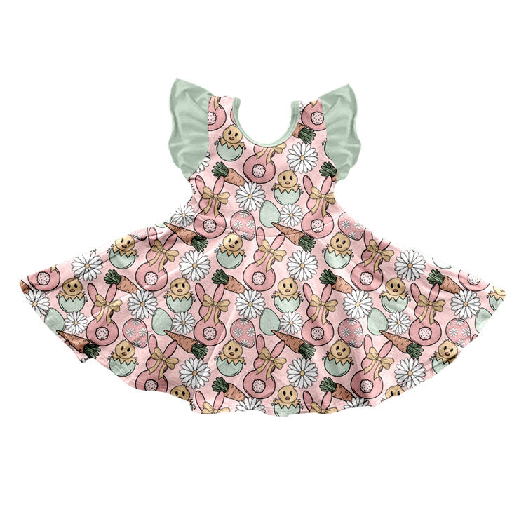 Preorder (moq 5) Baby Girl Clothes Easter Bunny Chick Daisy Mixed Print Short Sleeve Twirl Dress