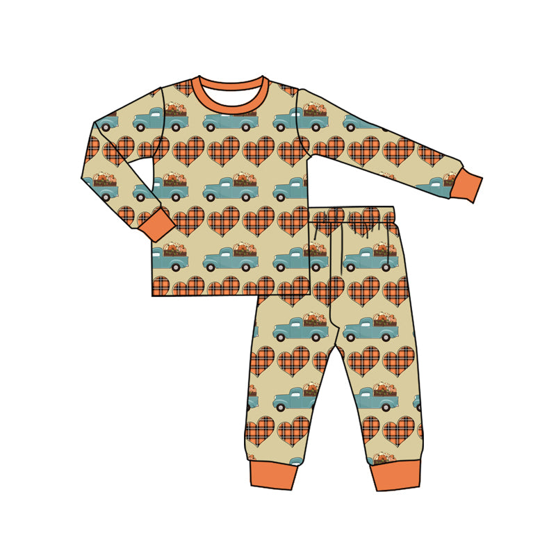 Preorder (moq 5)Baby Boys Long Sleeves Plaid Hearts Truck Pumpkins Top Pant Pajamas Set