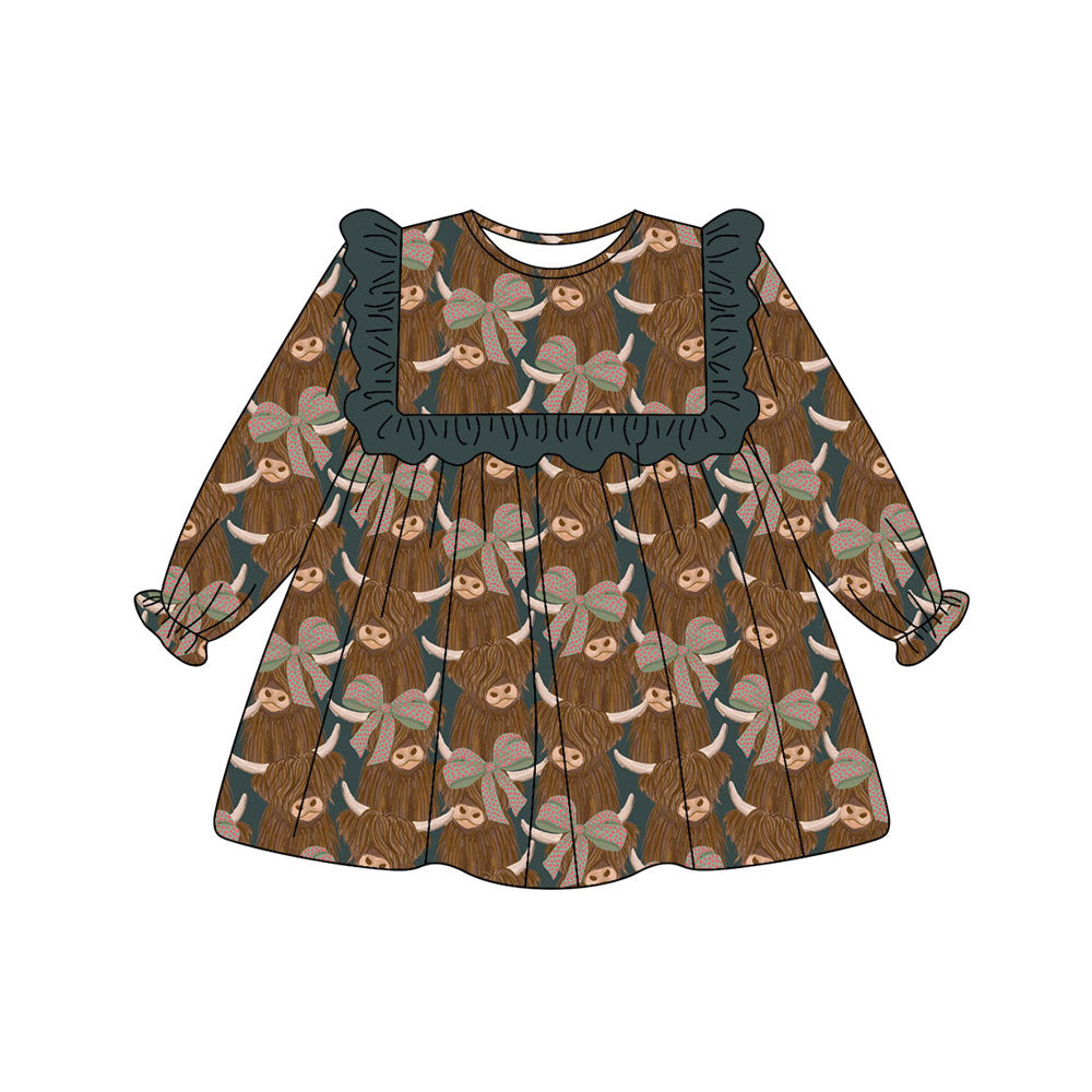 Preorder (moq 5)Baby Girls Highland Cows Bows Checked Western Knee Length Dress