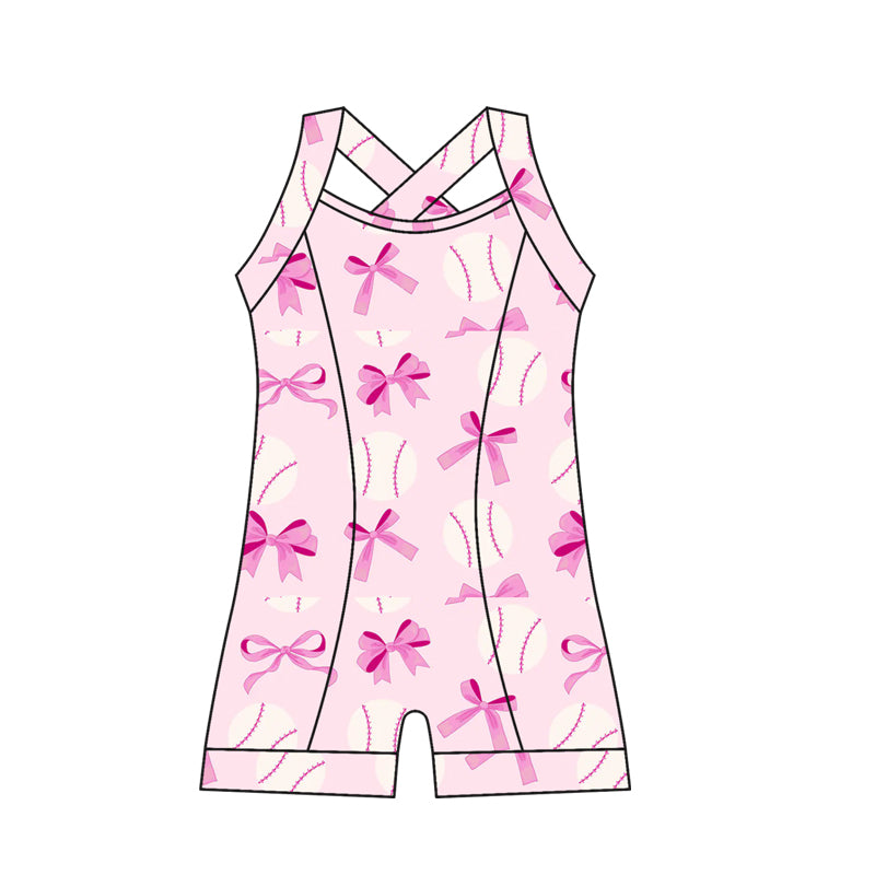 Preorder moq 10 Baby Girls Strap Pink Bows Baseballs Activity Wear Yoga Jumpsuits