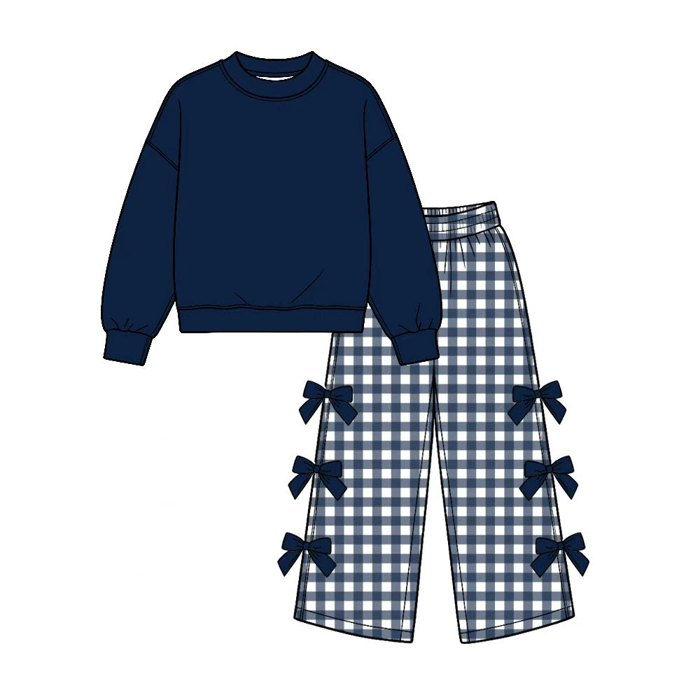 Preorder (moq 5) Baby Girl Clothes Solid Navy Top Gingham Check Bow Decor Long Sleeve Wide Leg Pant Set