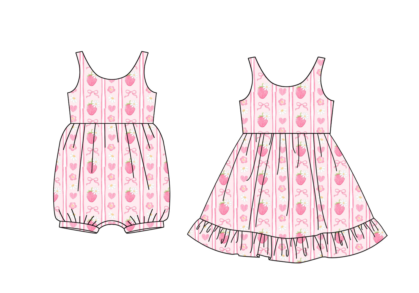 Preorder moq 5 Custom Baby Girls Pink Sleeveless Strawberry Floral Knee Length Dresses Rompers