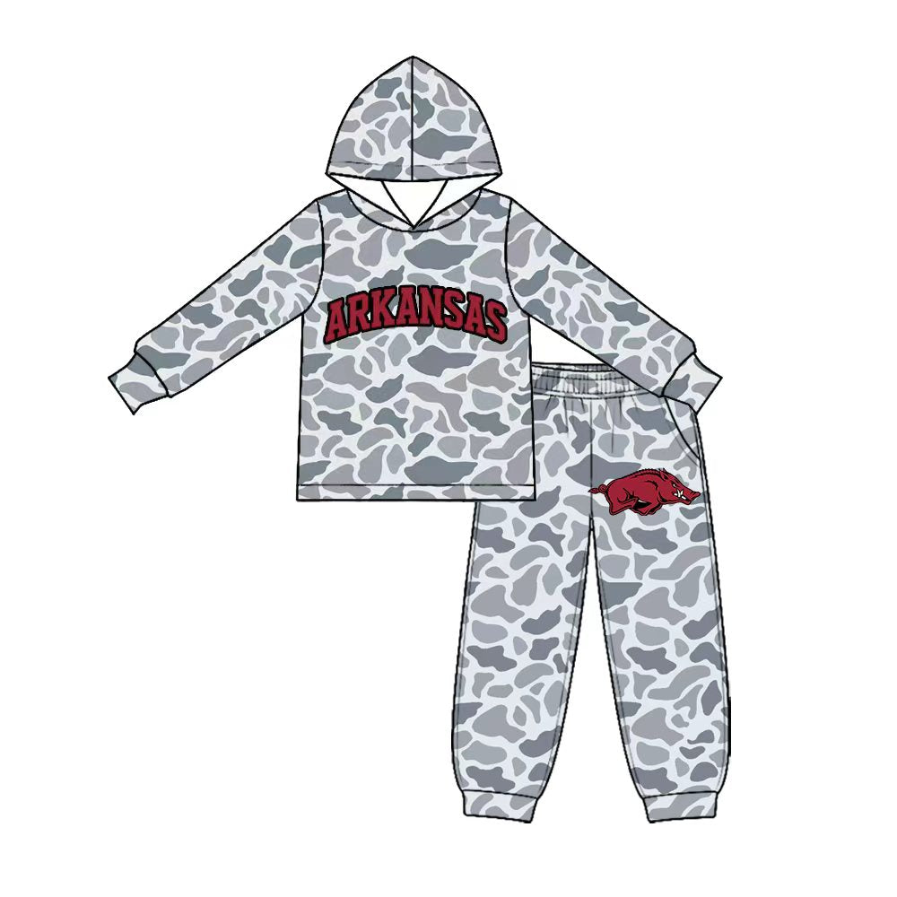 Preorder (moq 5) Baby Boy Clothes Arkansas Grey Camo Print Long Sleeve Hoodie Jogger Pant Set