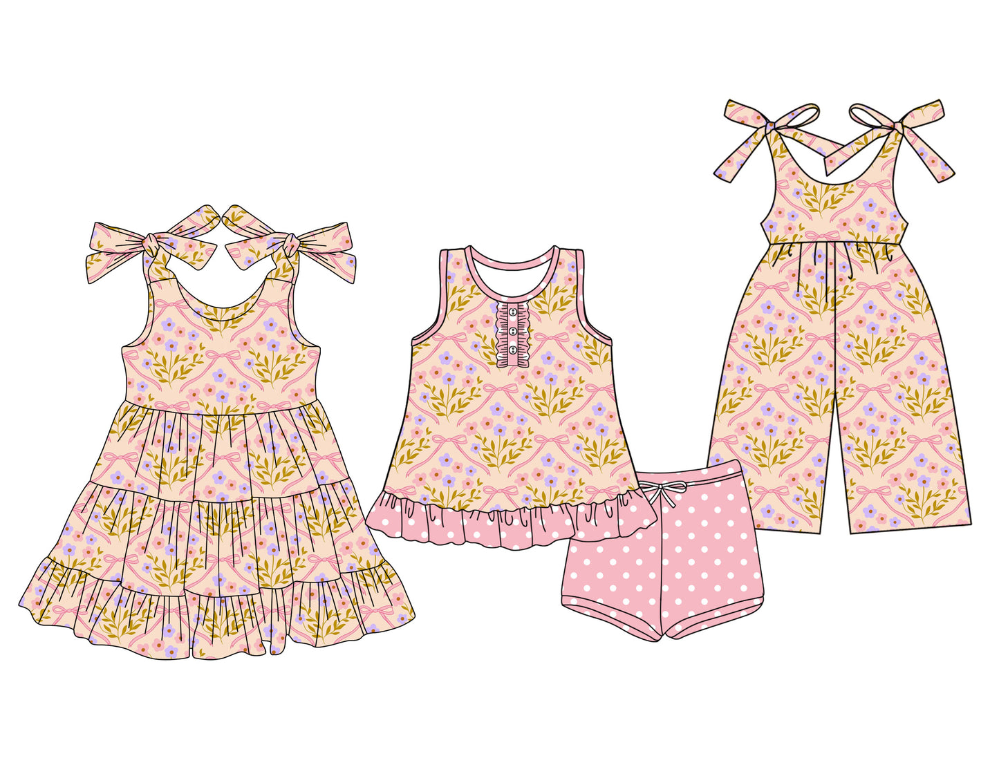 Preorder moq 5 Custom Baby Girls Peach Flowers Bows Button Tunic Polka Dots Short Set Knee Length Dress Jumpsuits