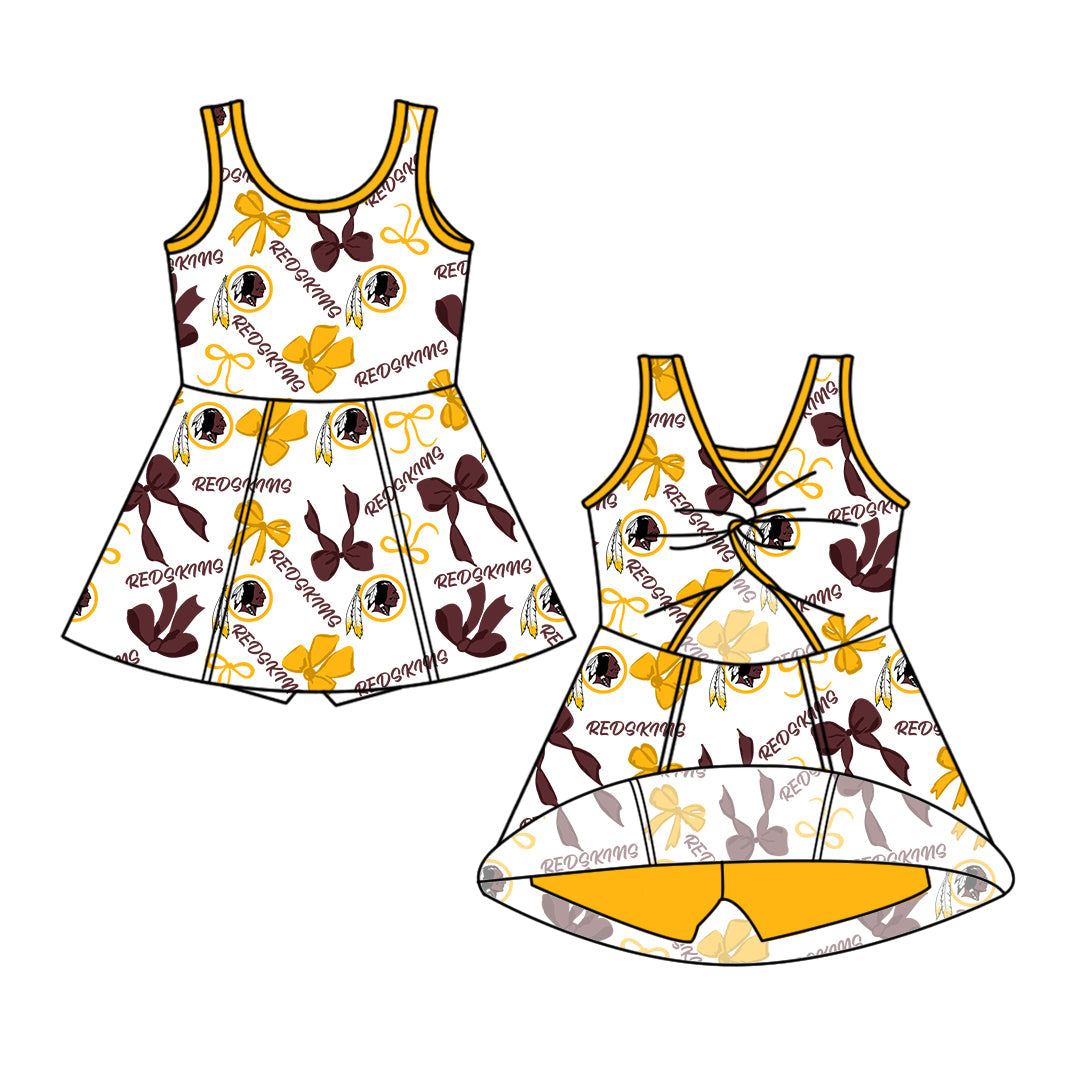 Preorder (moq 5)Baby Girls Yellow Sleeveless Redskins Bows Shorts Team Knee Length Dresses