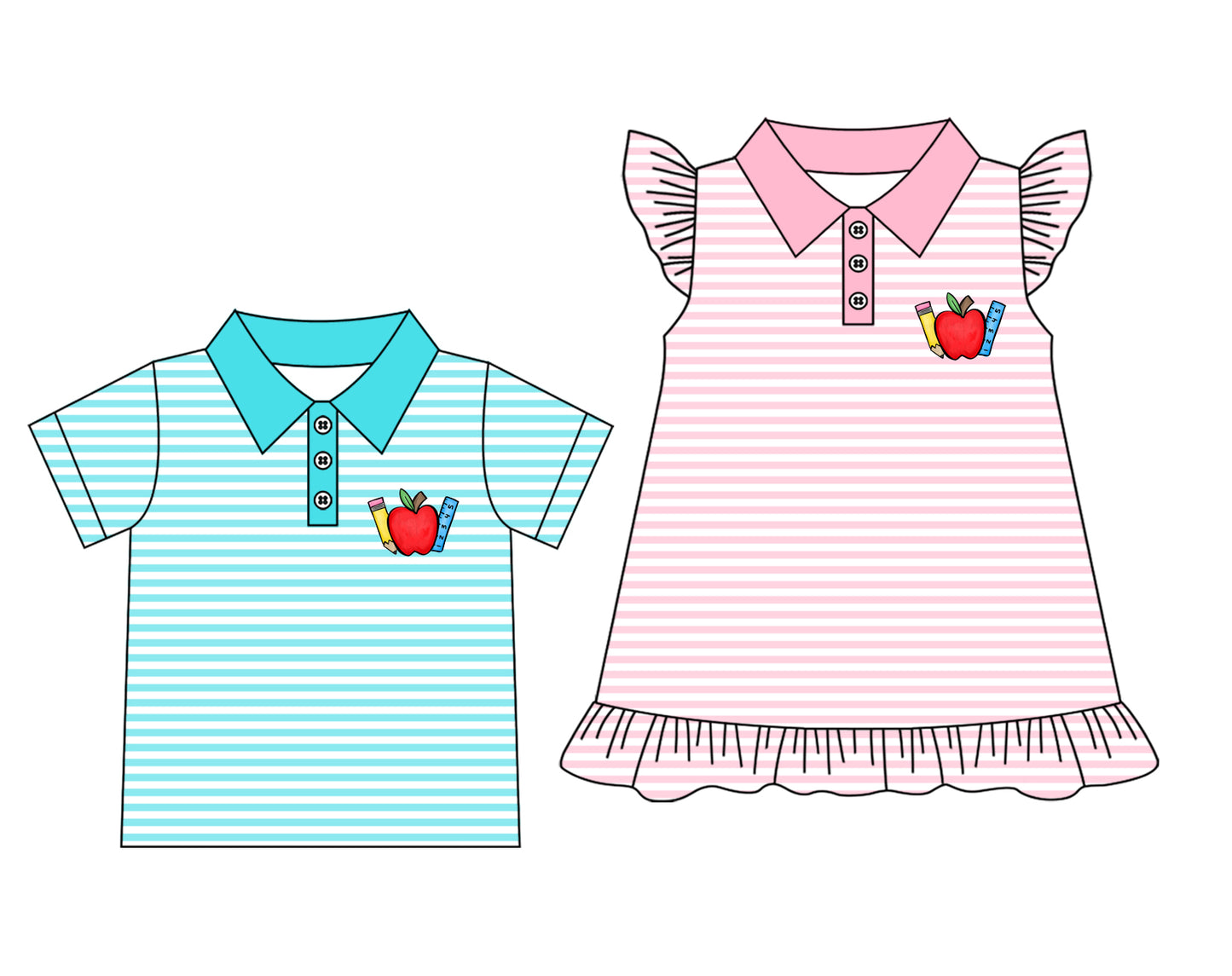 Preorder moq 5 Custom Baby Kids Short Sleeves Stripe Button Apple Pencils Shirts Top Dresses