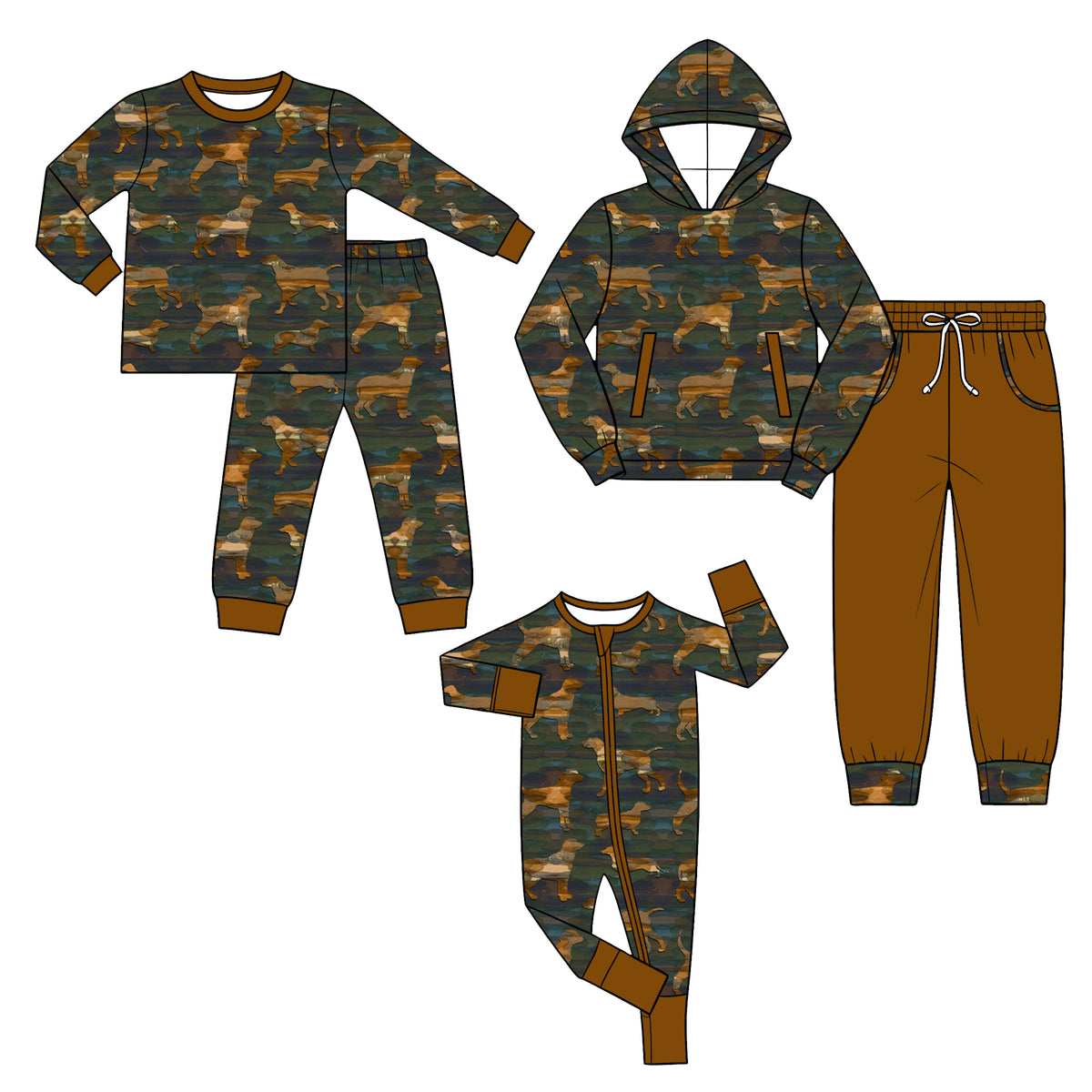 Preorder (moq 5) Baby Boy Clothes Dark Green Hunting Dog Print Long Sleeve Hoodie Jogger Pant Set