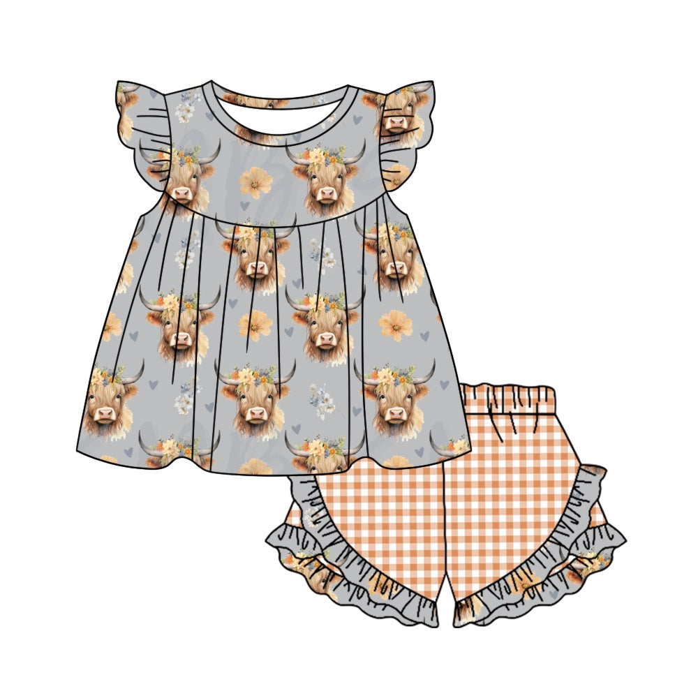 Baby Girls Highland Cows Flowers Tunic Top Ruffle Shorts Clothes Sets preorder (moq 5)