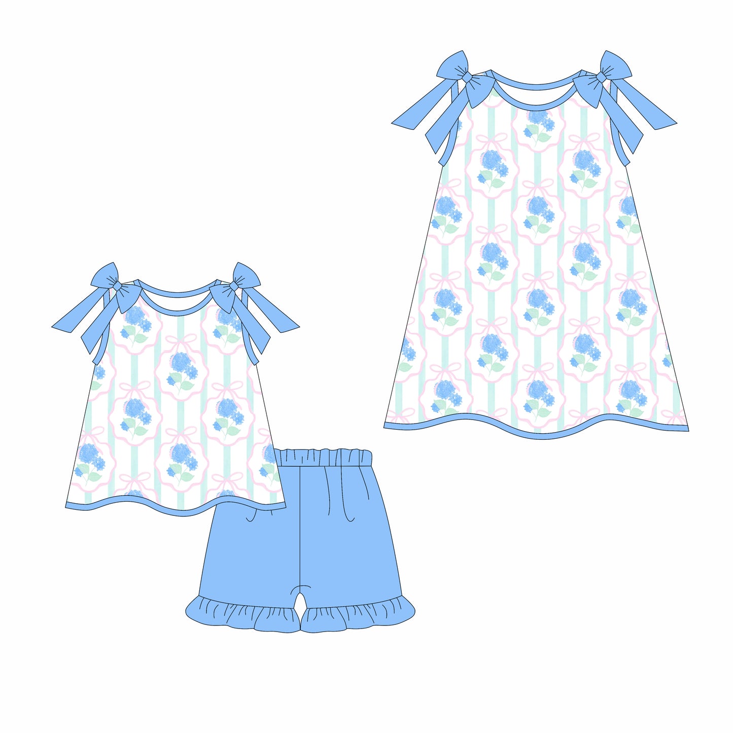 Preorder moq 5 Custom Baby Girls Blue Strap Floral Plaid Tunic Ruffle Short Set Knee Length Dresses