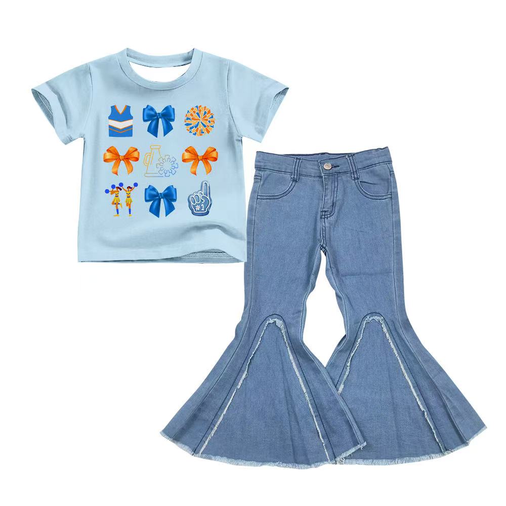 preorder(moq 5) Baby Girls Blue Bow Cheer Team Tee Shirts Tops denim Bell pants sets