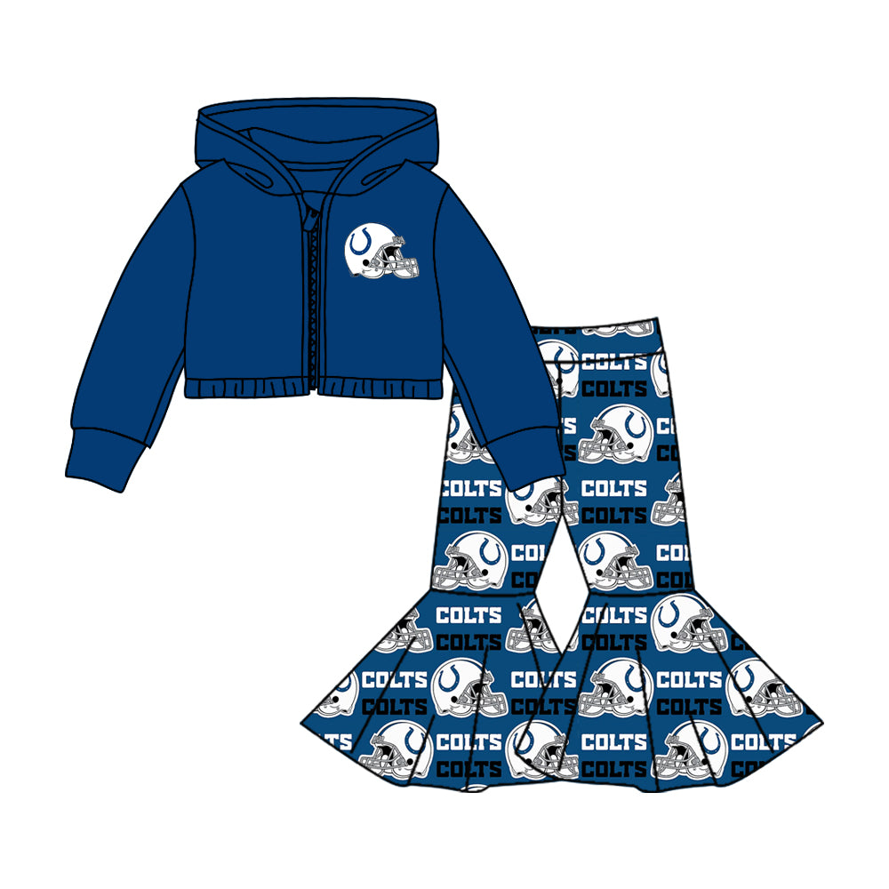 Preorder moq 5 Baby Girls Team Colts Hooded Tops Bell Pants Clothing Sets