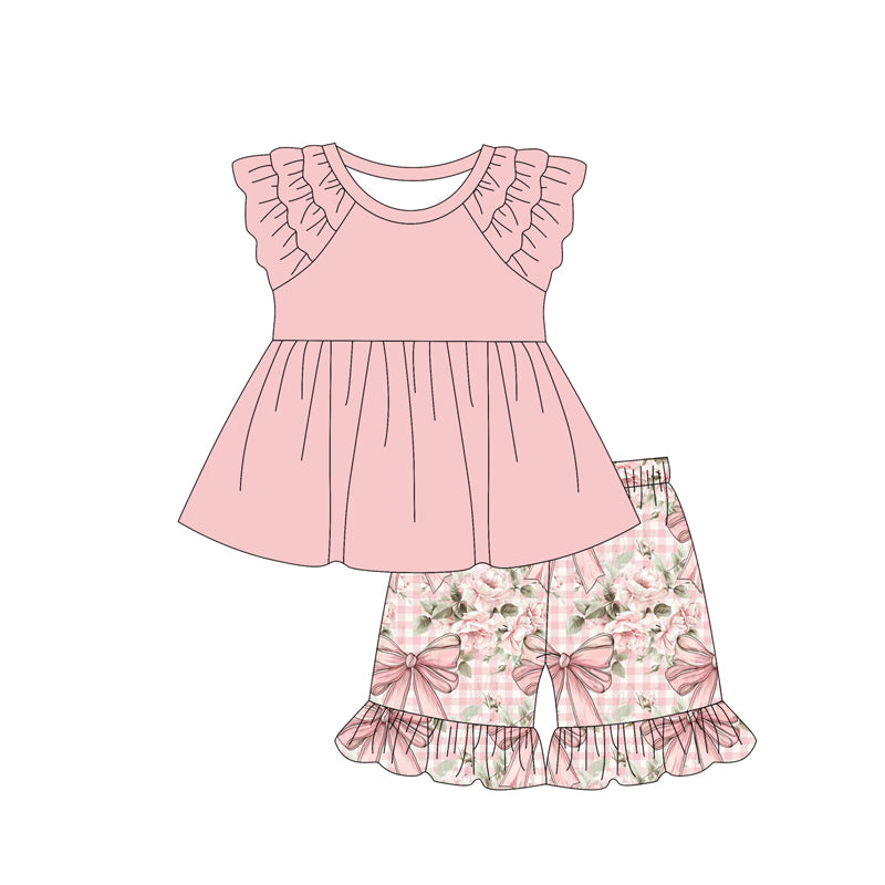 Preorder (moq 5)Baby Girls Pink Ruffle Tunic Bows Flowers Shorts Clothes Sets